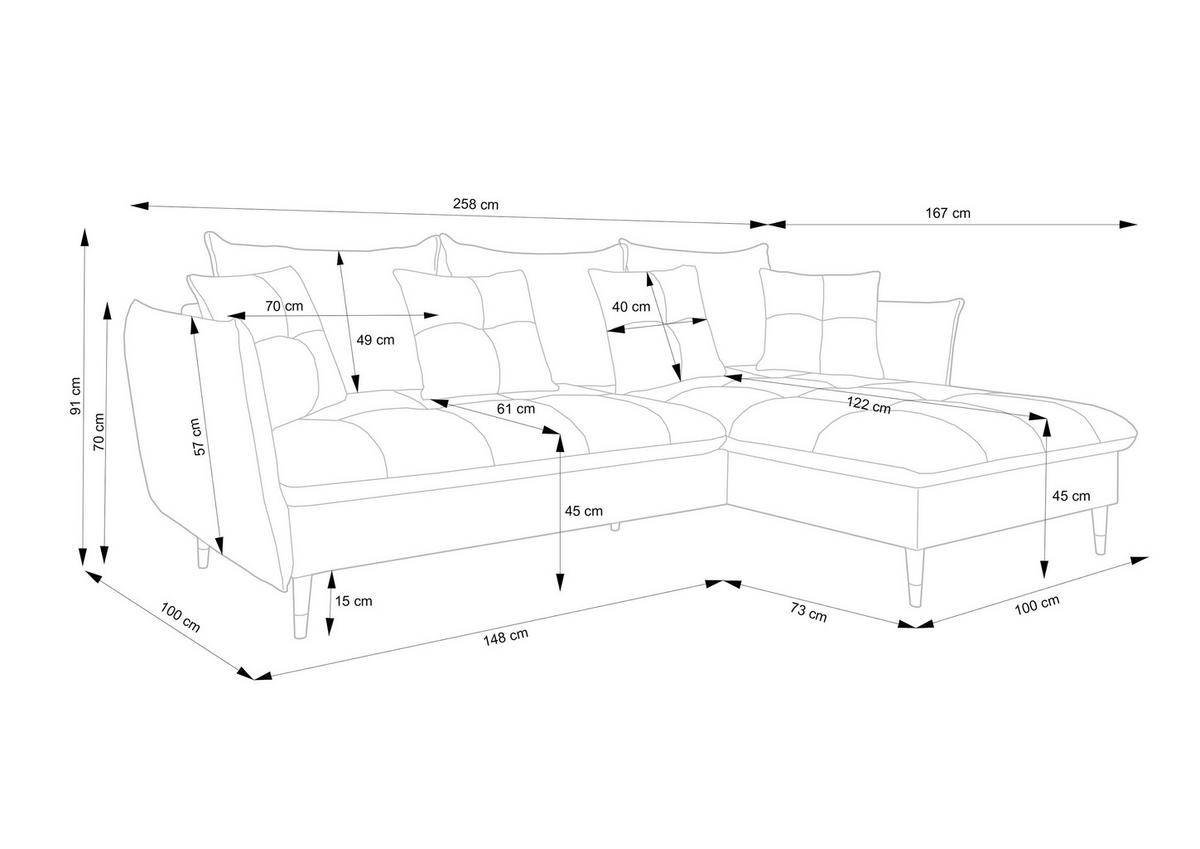 ECKSOFA GLAM mit Schlaffunktion, Ottomane & goldenen Füßen – Samtsofa im Glamour-Stil mit Zierkissen, 258x167x91 cm, rechte, burgunderrot​ - Bordeaux, Holz/Textil (258/167cm) - DomoHome