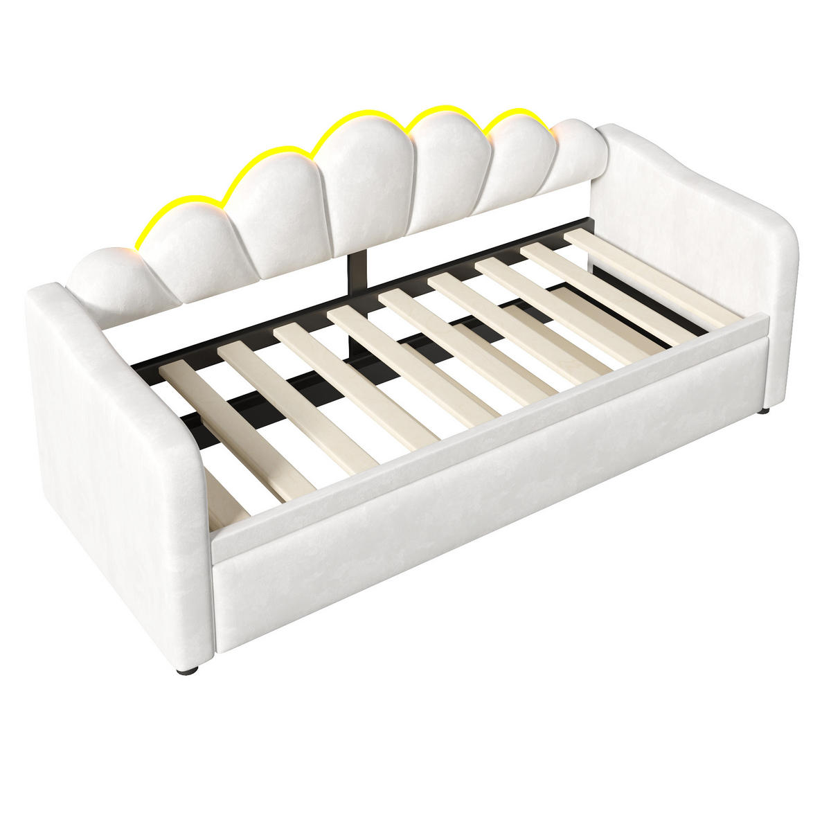 BETT 90/200 cm in Weiß Samt mit Ausziehbett und LED - Weiß, Holzwerkstoff/Textil (90/200cm) - WISHDOR