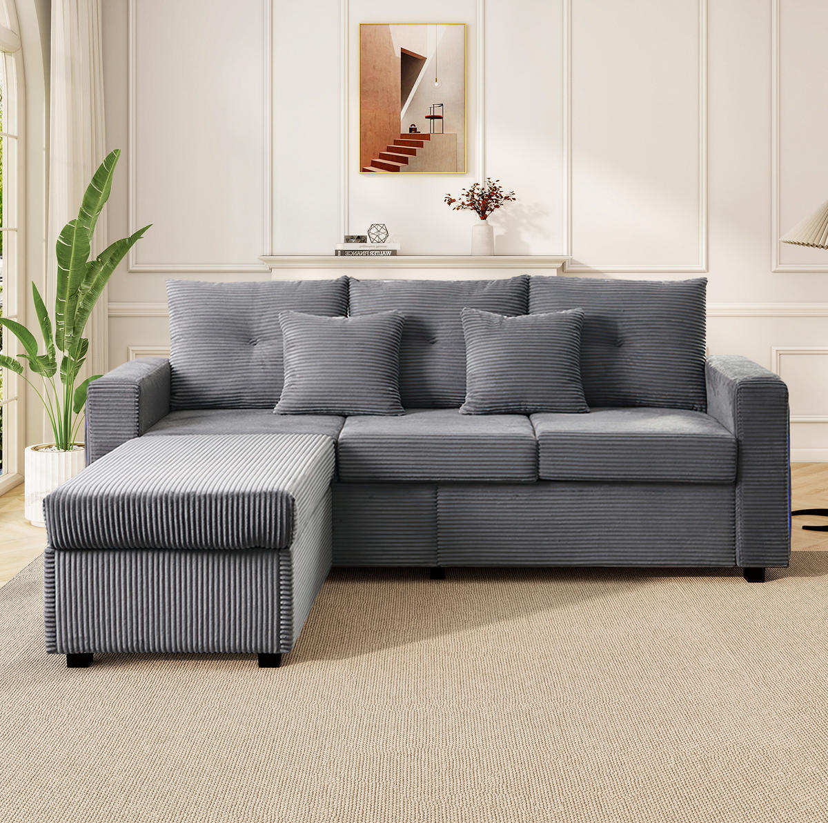SOFA mit LED und Hocker L-Form Cord Antique Gray 5-Kissen-Set - Grau, Kunststoff (184/84.5cm) - IVMEU