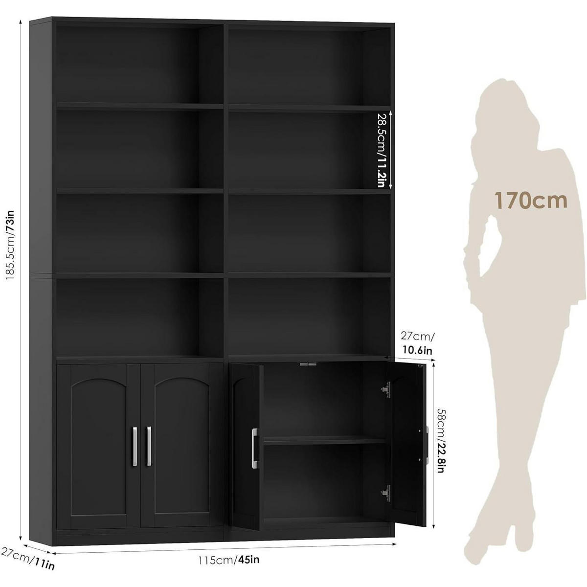 BÜCHERREGAL mit Türen 12 Fächer 115 x 27 x 185,5 cm schwarz - Schwarz, Holzwerkstoff (115/185.5/27cm)