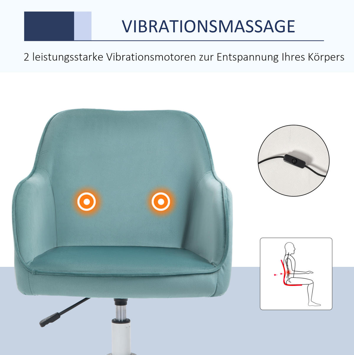 DREHSTUHL, ergonomisch gepolstert mit Samtoptik, Lendenkissen mit Massage, 57/70/78-86 cm, Grün - Grün, Kunststoff (70/86/57cm) - Redom