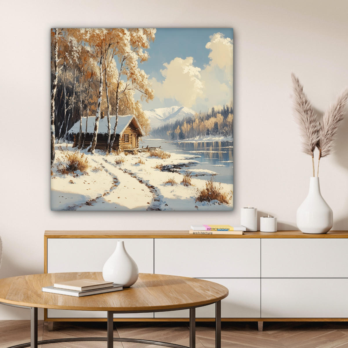 LEINWANDBILD Winter - Schnee - Zuhause - Natur Deko Groß 90x90 cm - Hellbraun, Textil (90/90cm) - MuchoWow