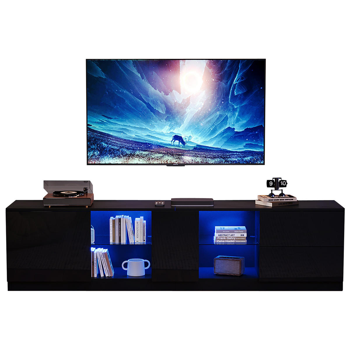 TV-LOWBOARD 160/40/52 cm mit 2 Schubladen, LED-Beleuchtung und Glasboden - Schwarz, Holzwerkstoff (160/52/40cm) - BEAOK