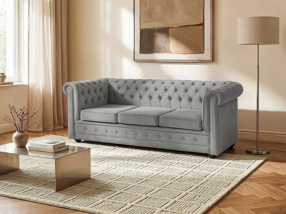 SCHLAFSOFA - 3 Personen-Sitzer - Samt - Hellgrau - - Hellgrau, Textil (204/85/89cm) - Vente-Unique
