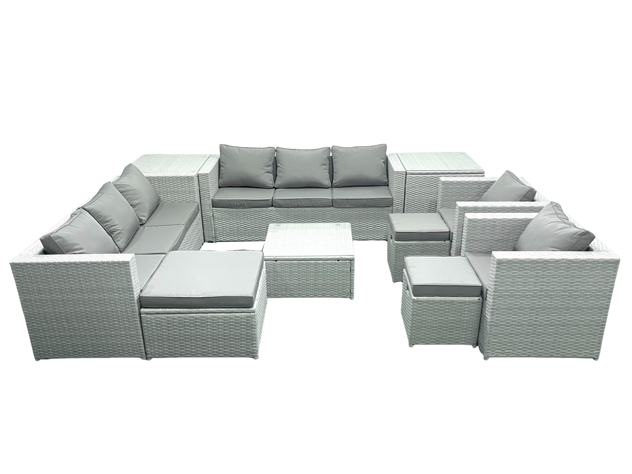 GARTENMÖBEL-SET mit Kissen Polyrattan Hellgrau-Mix 11-Sitzer - Hellgrau/Grau, Glas/Kunststoff - Fimous
