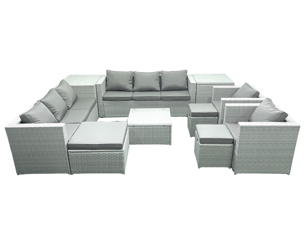 GARTENMÖBEL-SET mit Kissen Polyrattan Hellgrau-Mix 11-Sitzer - Hellgrau/Grau, Glas/Kunststoff - Fimous