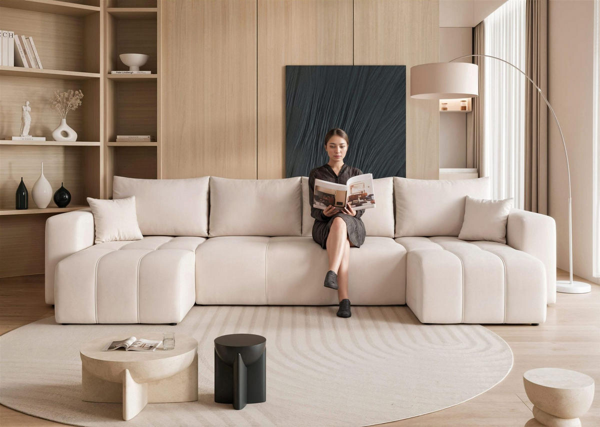 WOHNLANDSCHAFT Leros Schlaffunktion - Creme, Holzwerkstoff/Textil (318/79/145cm) - Fun Möbel