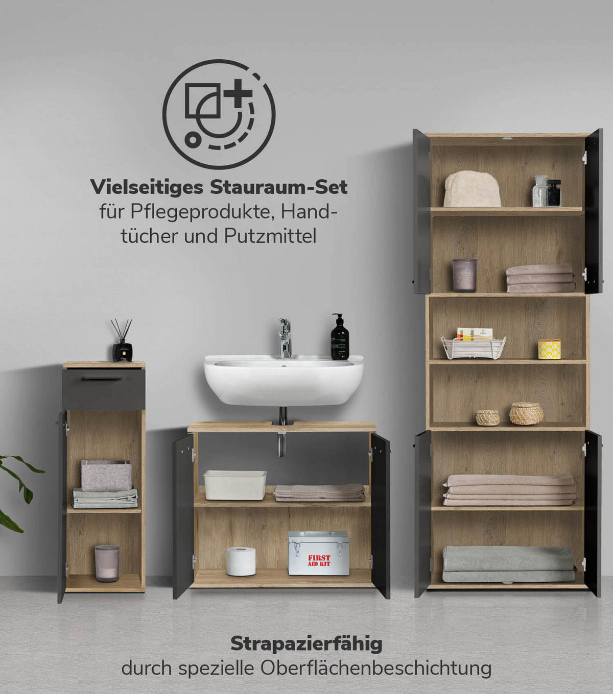 BADMÖBEL-SET 3-teilig Der Steuermann - Anthrazit, Holzwerkstoff (168/180/34cm) - Mokebo