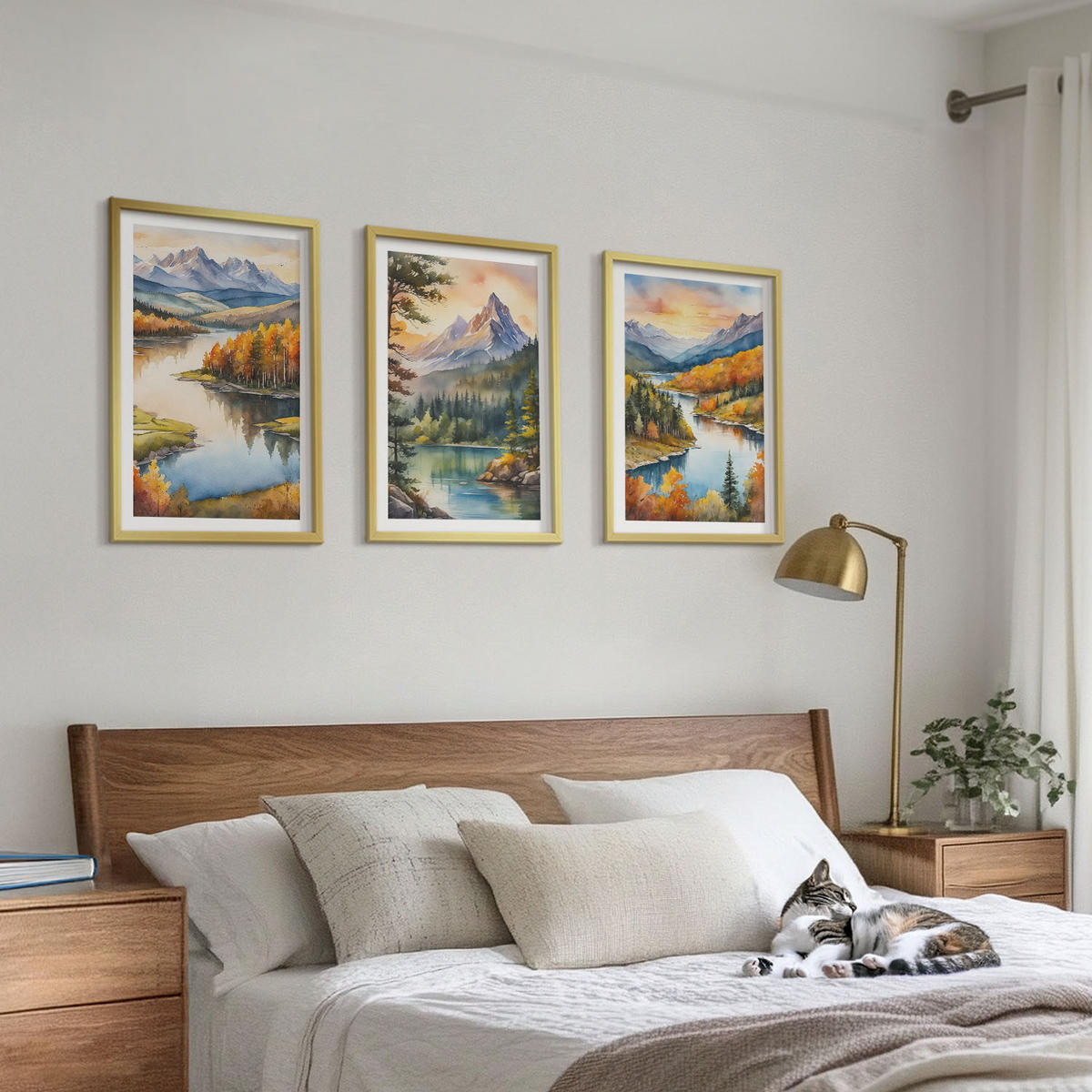 BILDER SET 3er Set - 40x60 cm Goldrahmen - Berglandschaften mit einem Fluss - Goldfarben, Kunststoff (40/60cm) - TULUP