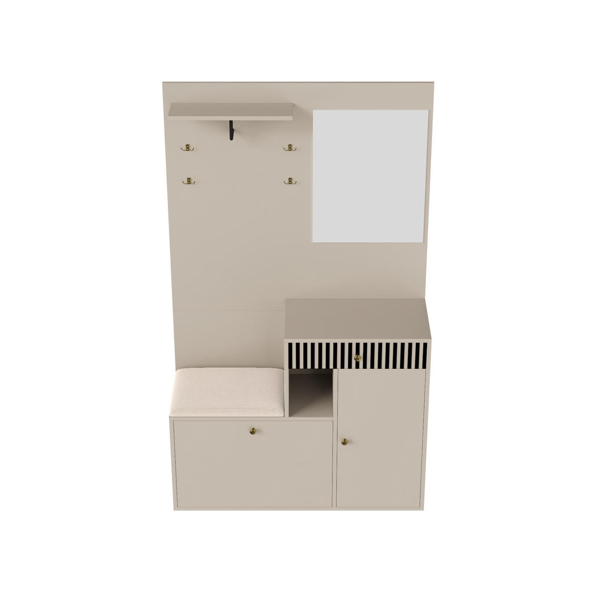 GARDEROBENSET 110/37/185,5 cm mit Spiegel, gepolsterter Sitzfläche, Soft-Close und verstellbaren Regalen, Beige/Creme - Beige, Holzwerkstoff (110/185.5/37cm) - Redom