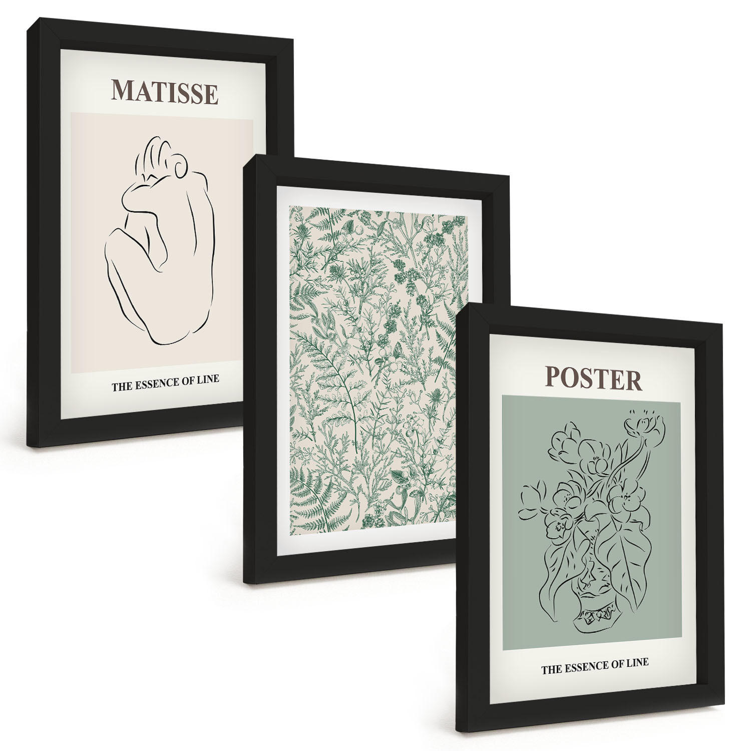 BILDER SET 3er Set - 20x30 cm Schwarzer Rahmen - Linien, Pflanzenmuster, Minimalismus - Schwarz, Kunststoff (20/30cm) - TULUP
