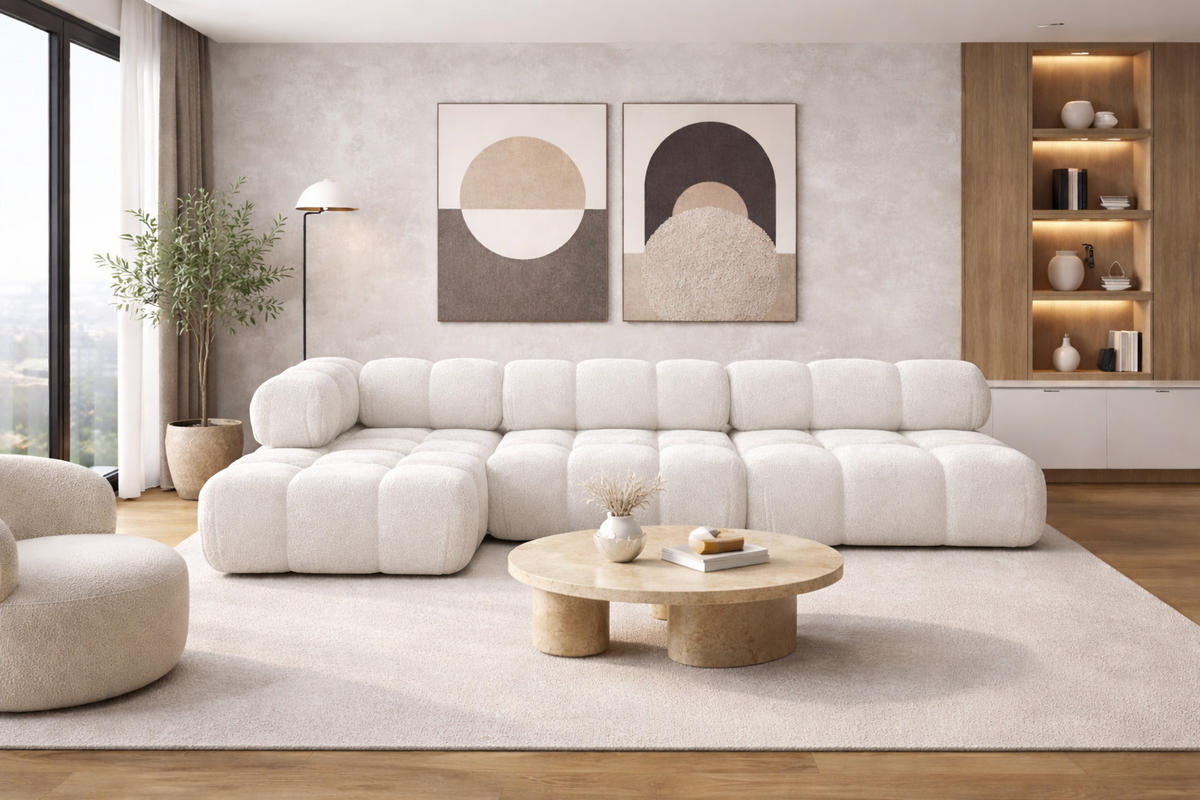 ECKSOFA L-Form Modulare, Bouclé-Stoff Abriamo, Ecru, Links, Selia - Ecru, Holz (285/160cm) - Kaiser Möbel