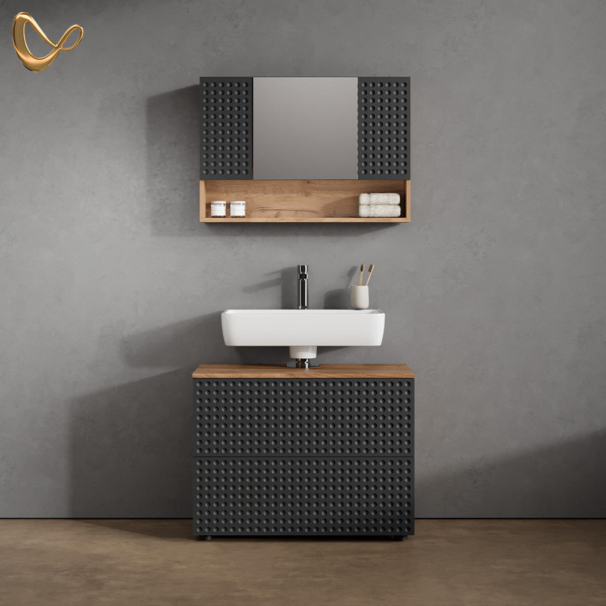 BADMÖBEL-SET Ronco Anthrazit gepunktet 2 Teile, Unterschrank 80 cm - Honigeiche/Anthrazit, Holzwerkstoff (80/58/41cm) - Livinity®