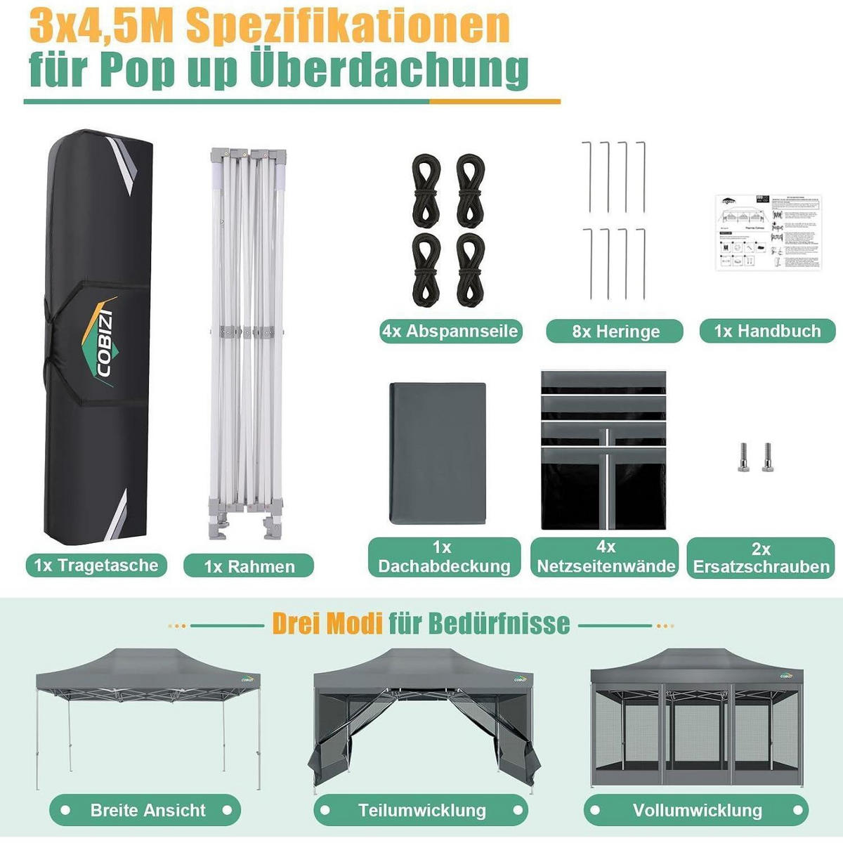 FALTPAVILLON 3x4,5 m mit Moskitonetz und UV-Schutz 50+ Grau - Grau, Textil (300/238/450cm)