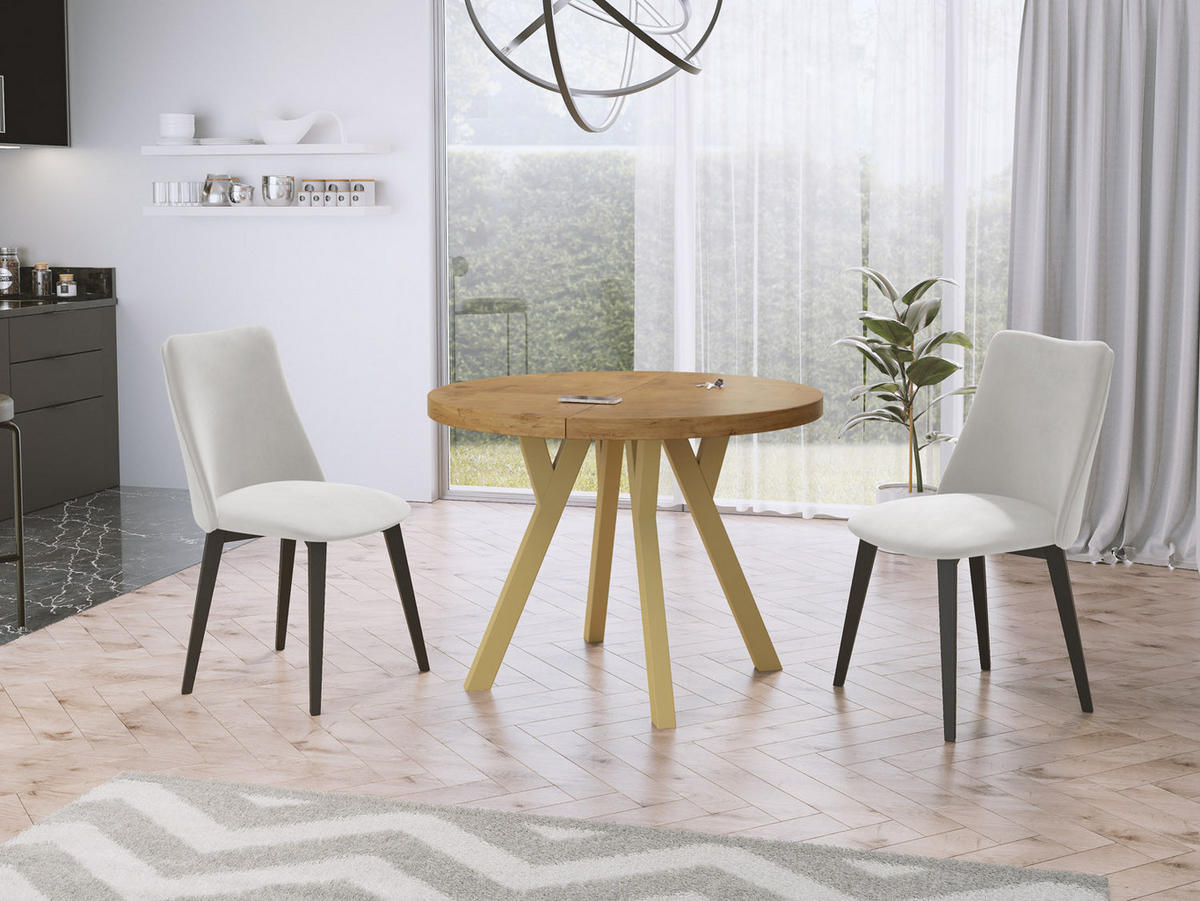 ESSTISCH Mateo runder ausziehbarer, Lancelot Eiche 100-200/100/76 cm - Eichefarben/Goldfarben, Holz/Holzwerkstoff (100/100/76cm) - WFL GROUP
