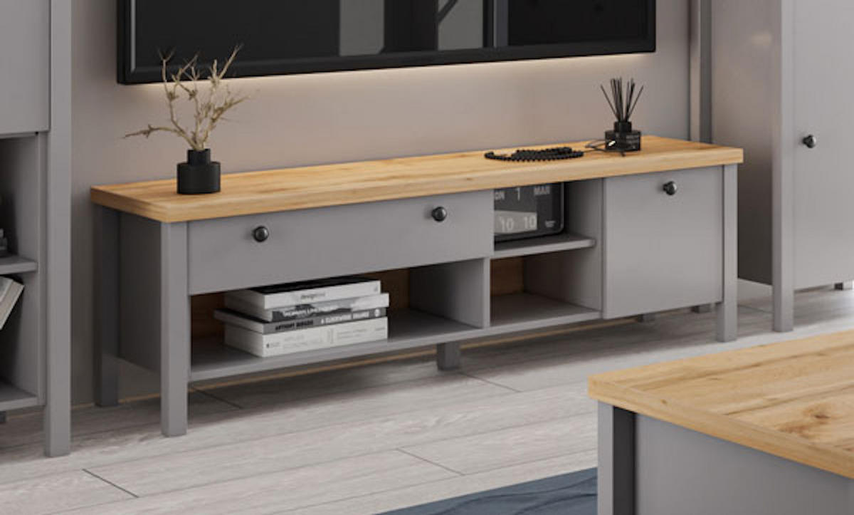 LOWBOARD Melini schiefergrau / Eiche Delano hell 146 / 38 / 46 cm - Grau, Holz/Holzwerkstoff (146/46/38cm) - Feldmann-Wohnen