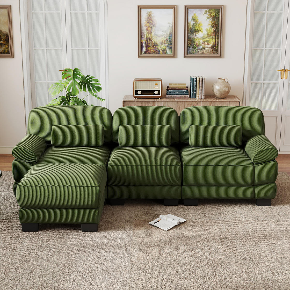 ECKSOFA L-Form 3-Sitzer mit Hocker, DE-42659, Grün - Grün, Holz (265/161cm) - ComfortXL