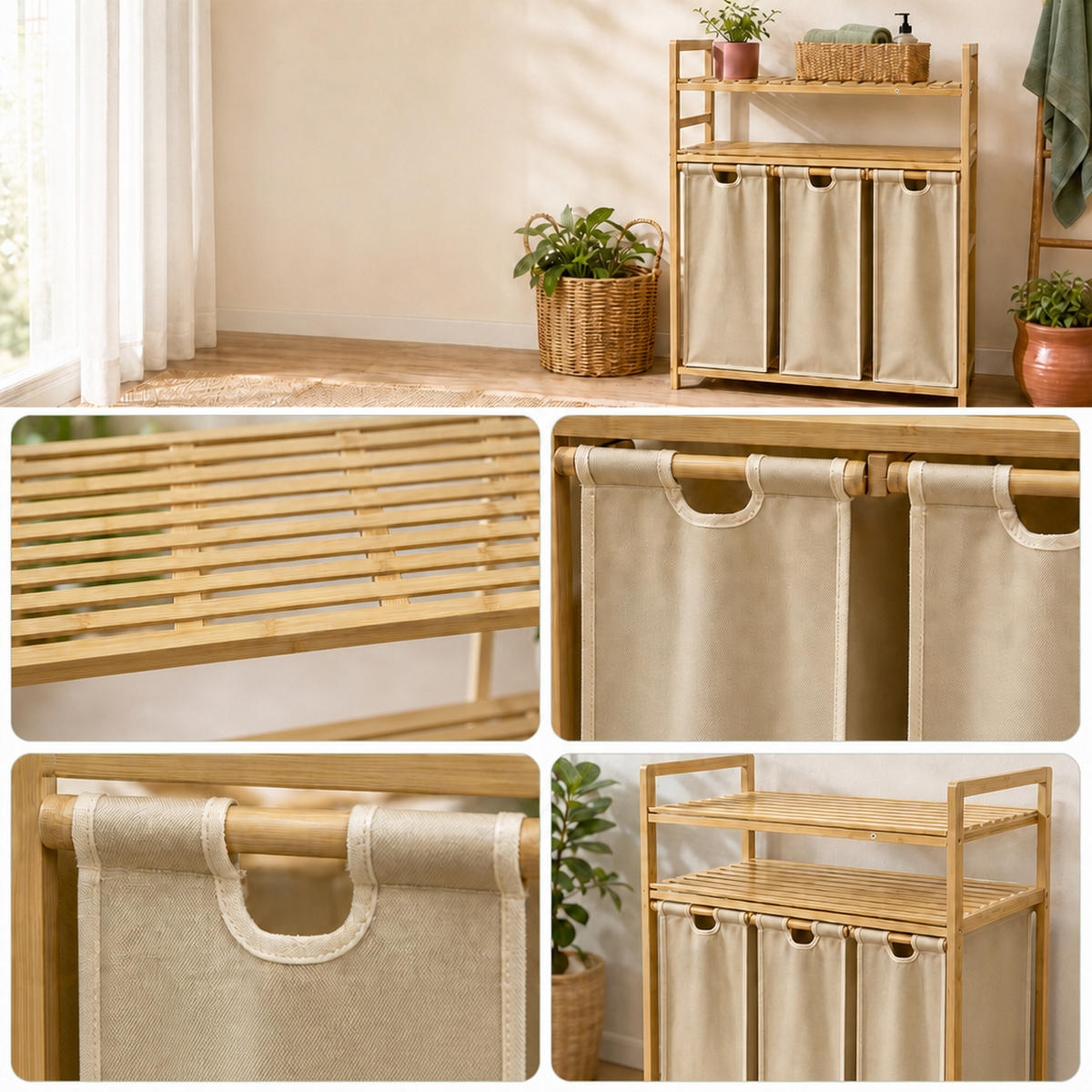 WÄSCHESAMMLER Natur Beige 3er-Set Bambus - Multicolor, Holz/Textil (78/100/41.5cm) - Relaxdays