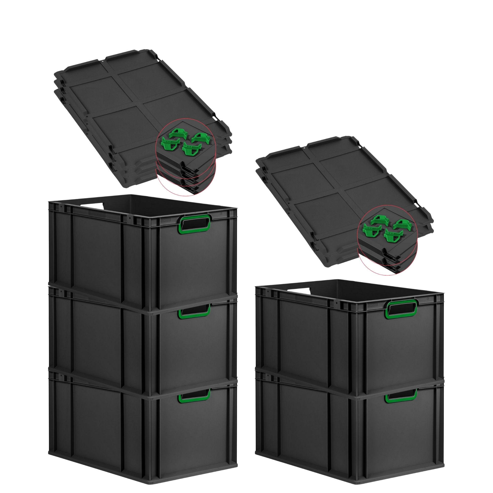 EUROBOX 5x NextGen Color mit Auflagedeckel 32x40x60 cm 65 Liter Schwarz Griffe grün offen - Schwarz/Grün, Kunststoff (40/32/60cm) - PROREGAL