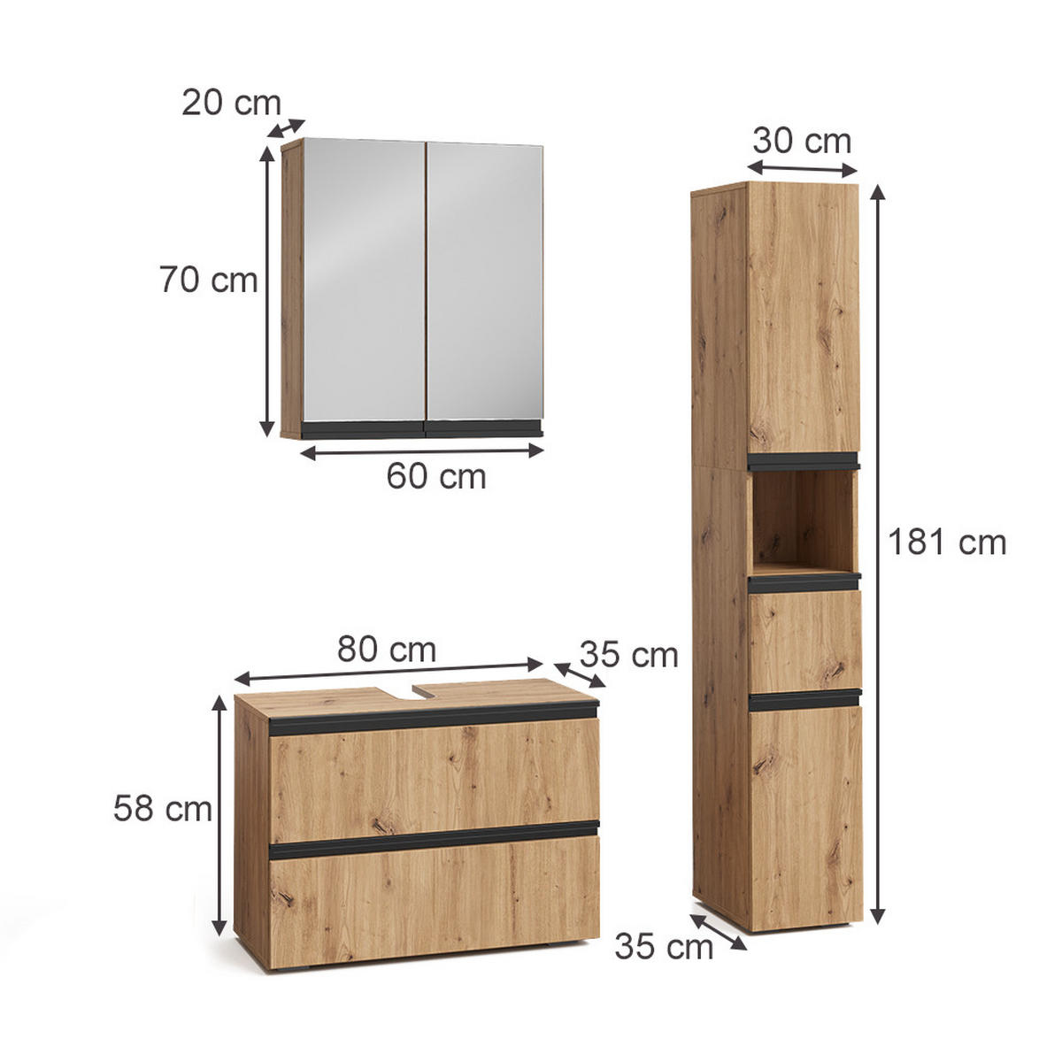 BADMÖBEL-SET Torren Artisan 3 Teile, mit Hochschrank - Hellgrau, Holzwerkstoff (80/58/35cm) - Vicco