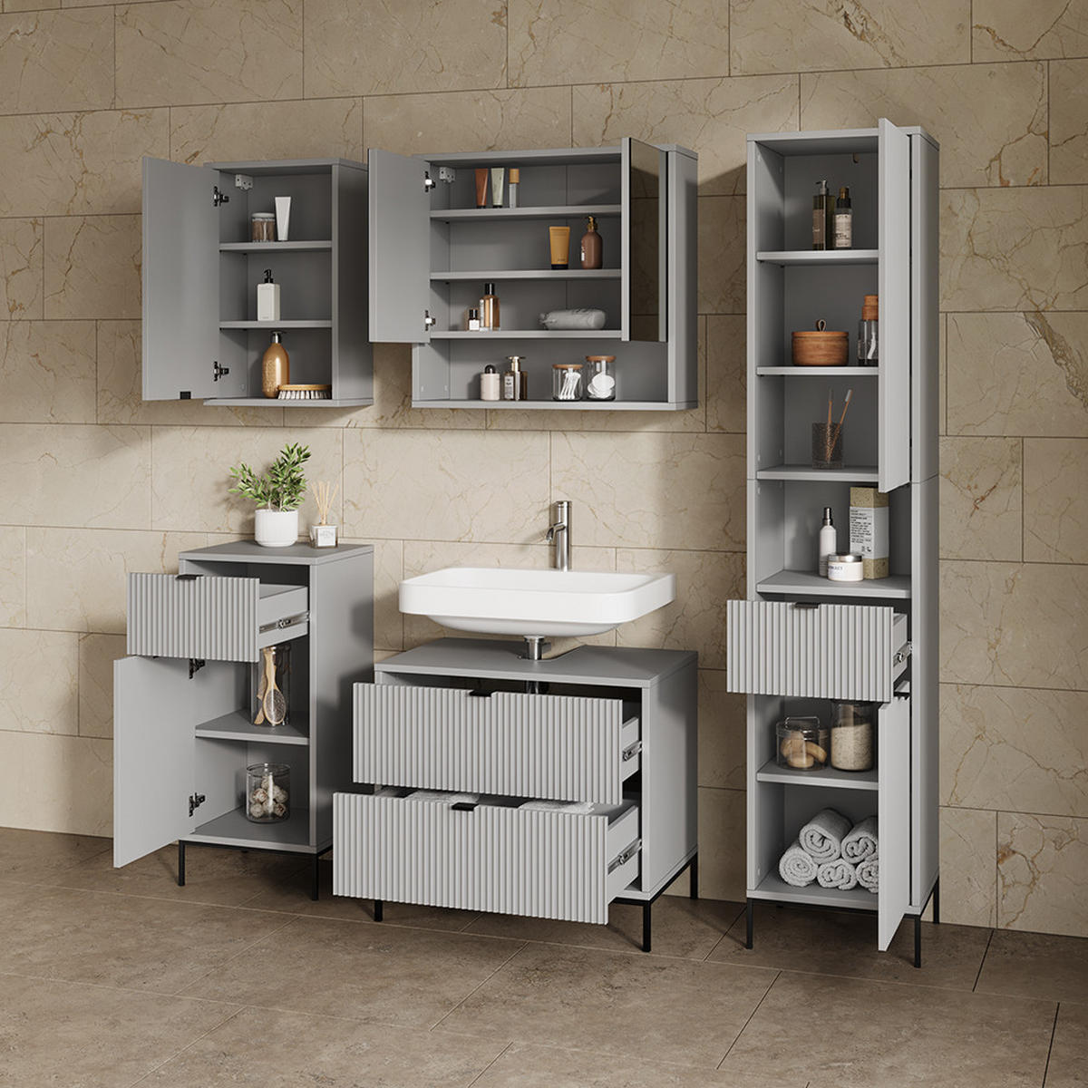 WASCHBECKENUNTERSCHRANK Aterno Grau 70 x 63 cm mit 2 ausziehbaren Schubladen - Grau, Holzwerkstoff (70/63/45.1cm) - Livinity®