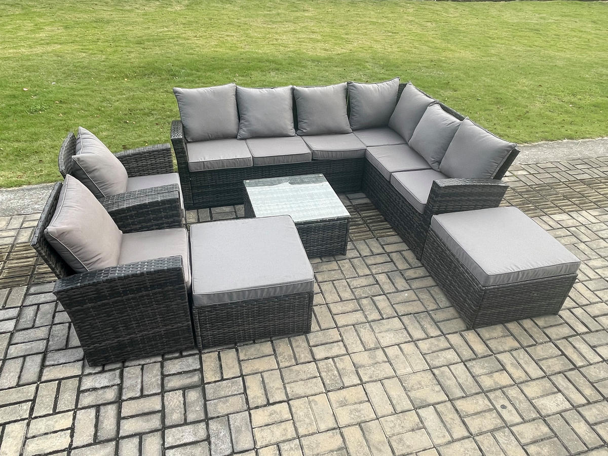 LOUNGEGARNITUR mit Couchtisch Sofa Polyrattan Dunkelgrau 10-Sitzer - Dunkelgrau/Grau, Glas/Kunststoff - Fimous