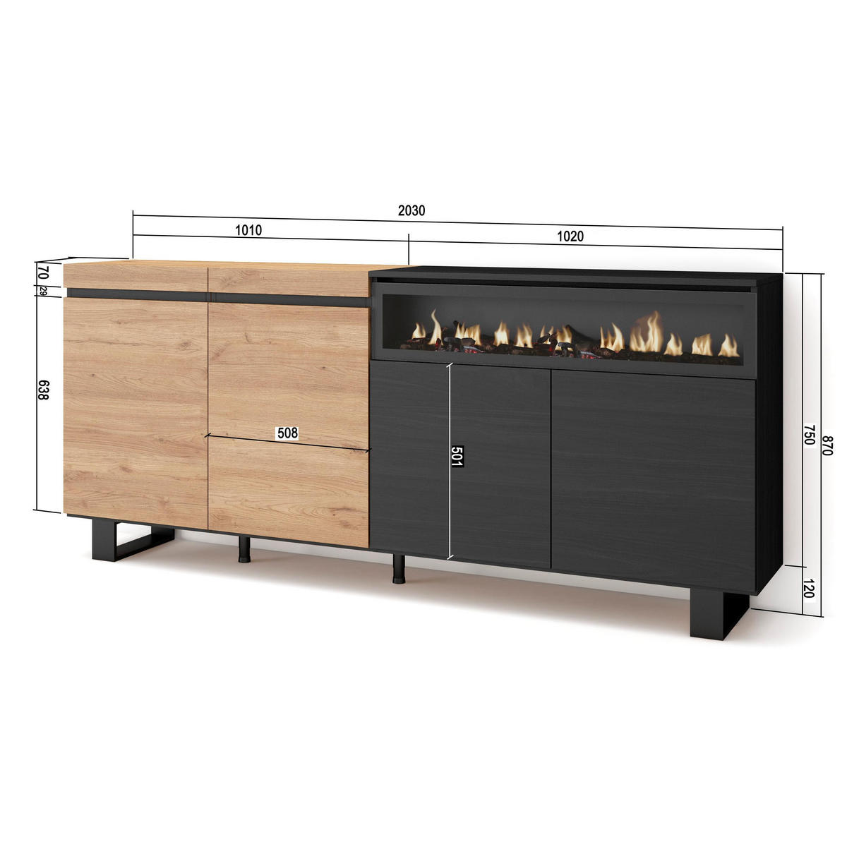 SIDEBOARD Elektrokamin, eiche, schwarz, 200/35/87cm - Beige/Multicolor, Holzwerkstoff (200/87/35cm) - Skraut Home