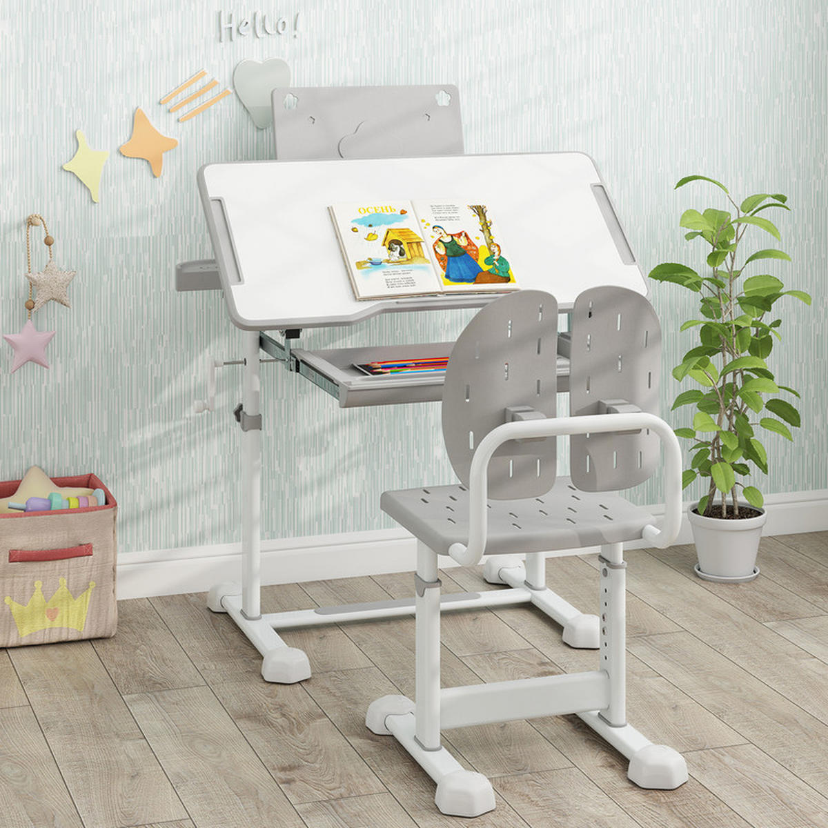 KINDERSCHREIBTISCH mit Stuhl grau(2-tlg) - Grau, Metall (80/83/50cm) - COSTWAY