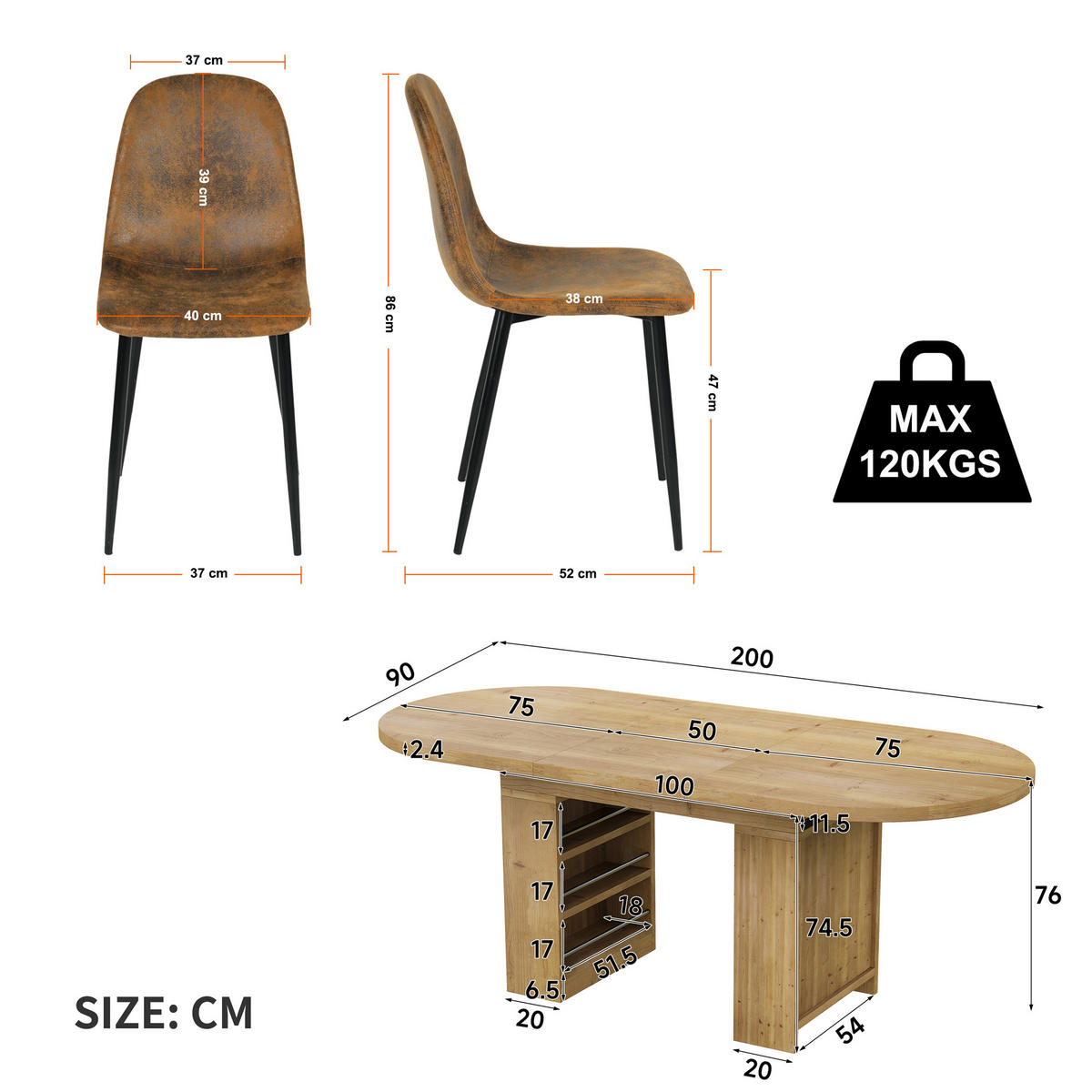 ESSGRUPPE 1+4 Ausziehbarer Tisch 150-200cm Eiche & 4 Vintage Stühle Braun - Eichefarben, Holzwerkstoff (200/76/90cm) - Urban Meuble