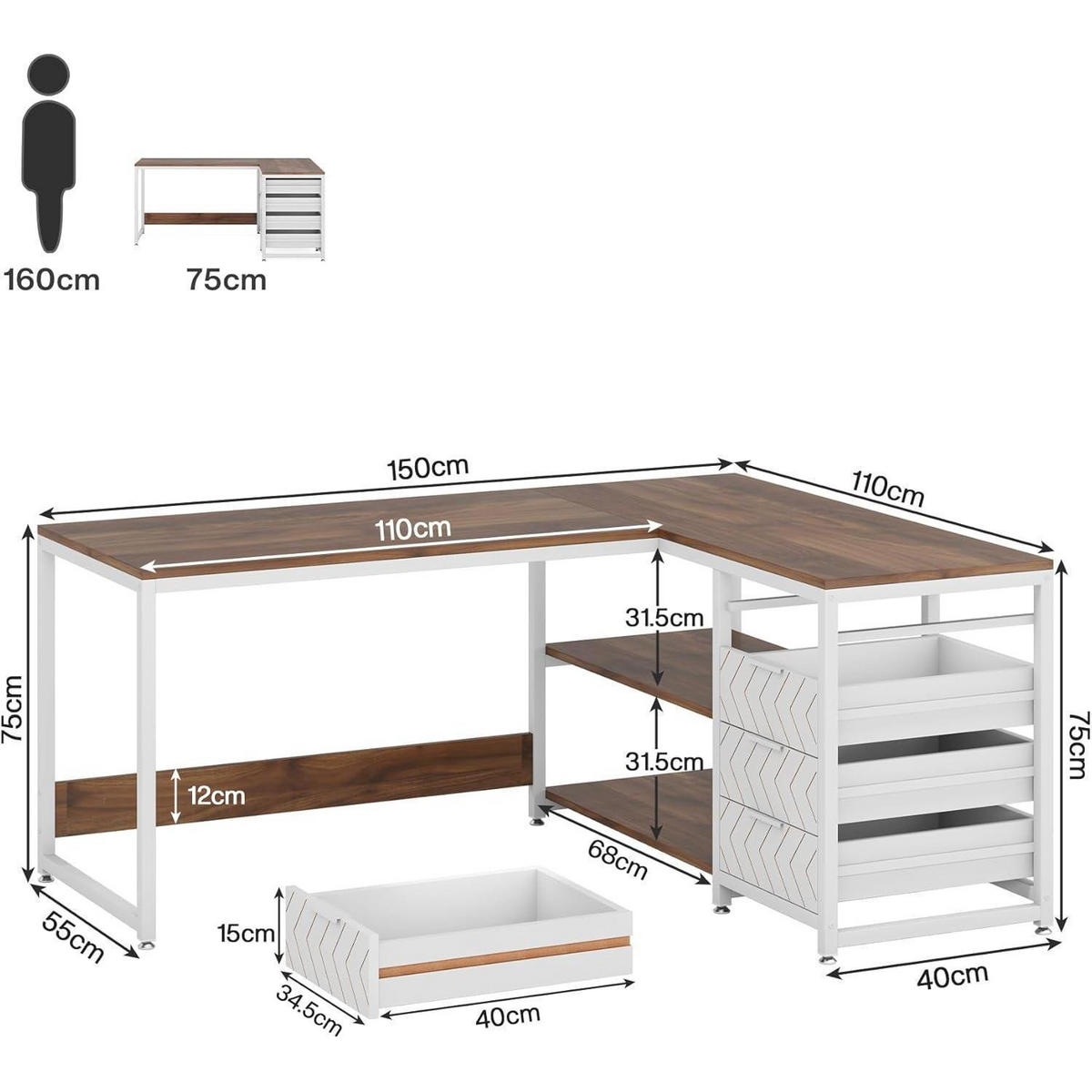 SCHREIBTISCH L-Form mit 4 Schubladen und 2 Ablagen 150 x 110 x 75 cm Walnuss/Weiß - Multicolor, Holzwerkstoff (110/150/75cm)