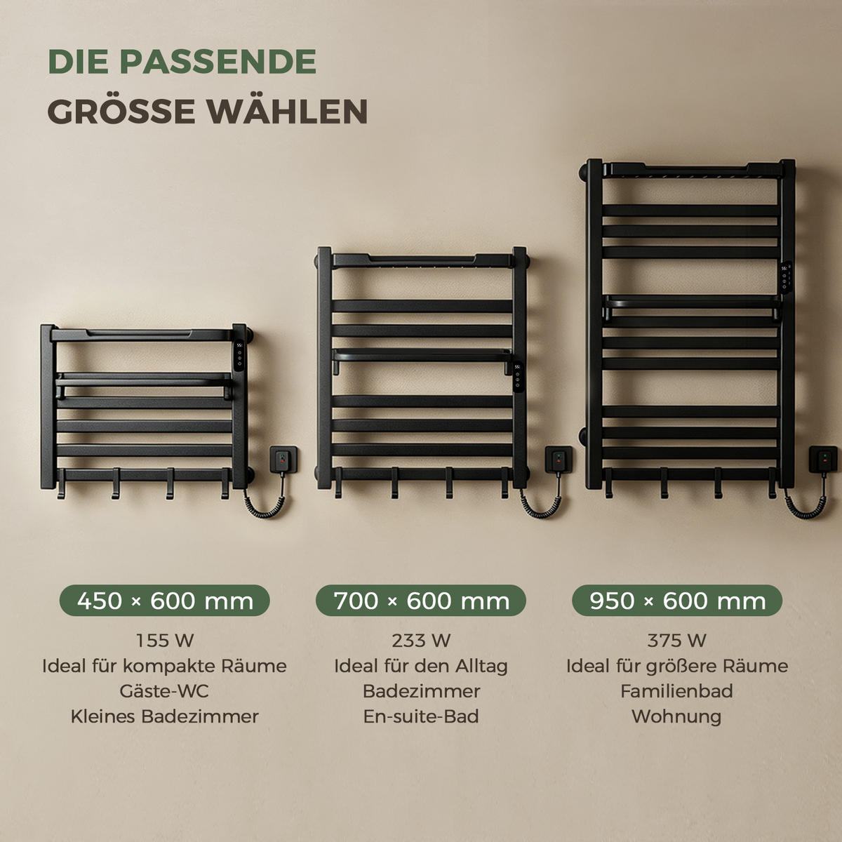 HANDTUCHHEIZKÖRPER 45/60 cm Schwarz elektrisch 155 W mit WLAN, Ablage und 6 Haken - Schwarz, Metall (60/45/20cm) - S'AFIELINA