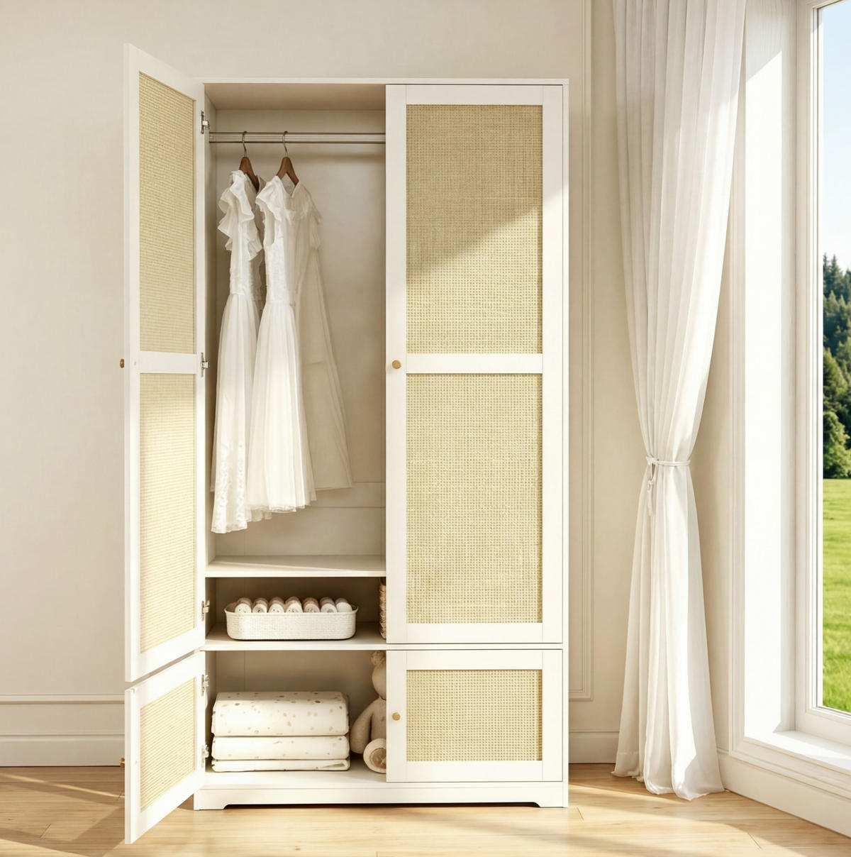 KLEIDERSCHRANK 90/180/48 cm Weiß aus MDF mit Rattantüren - Weiß, Holzwerkstoff (48/180/90cm) - OKMYHOME