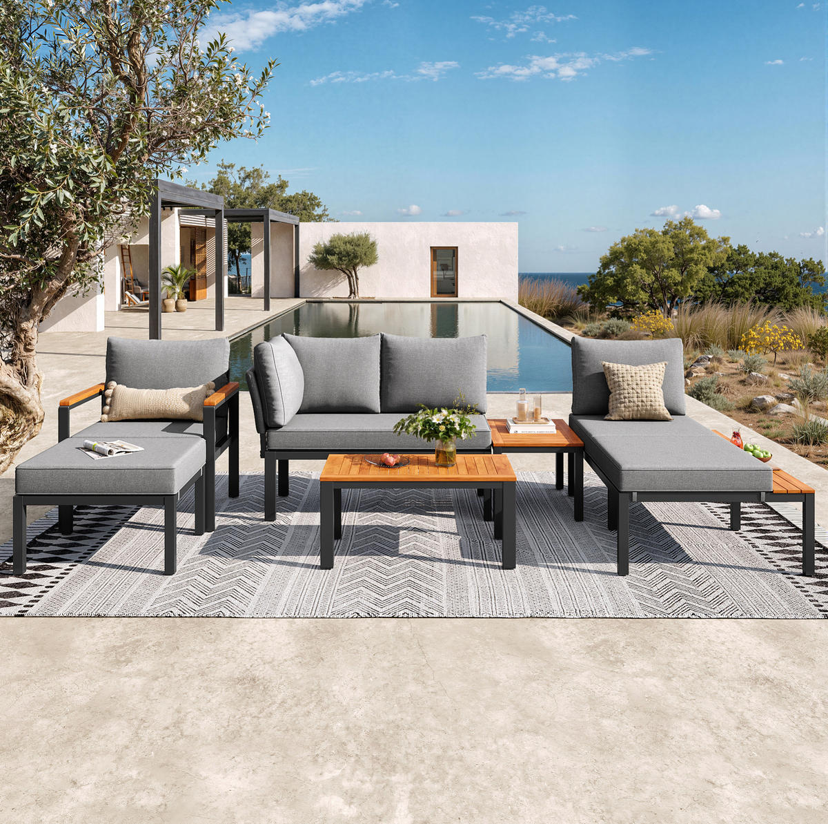 GARTENLOUNGE-SET 150/81,5/76 cm modular mit Akazienholz-Tischen und atmungsaktiven Kissen, Grau - Grau, Metall - Redom