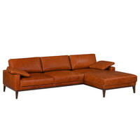 ECKSOFA mit Longchair - Cognac/Dunkelbraun, Leder/Holz (249/171cm) - home24
