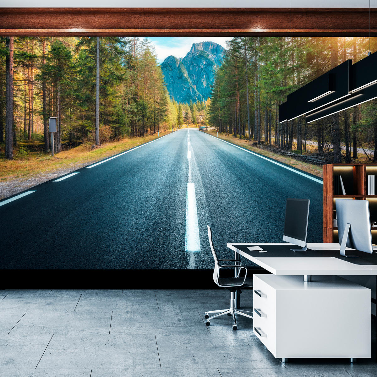 FOTOTAPETE für Wohnzimmer Asphaltstraße Bergwald Bäume Pflanzen 100x70 - Gelb/Schwarz, Papier (100/70cm) - Muralo