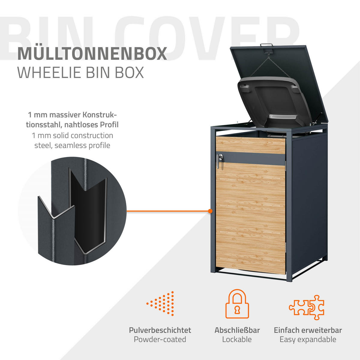 MÜLLTONNENBOX 1er Anthrazit-Lärchenoptik - Hellbraun, Metall (80/116.3/68cm) - ML-DESIGN