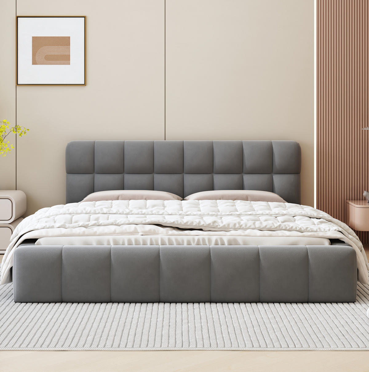 ČALÚNENÁ posteľ z ľanovej látky 140x190 cm sivá s integrovaným uložením matraca a mäkkým čelom - sivá, textil (140/190cm) - Modfu