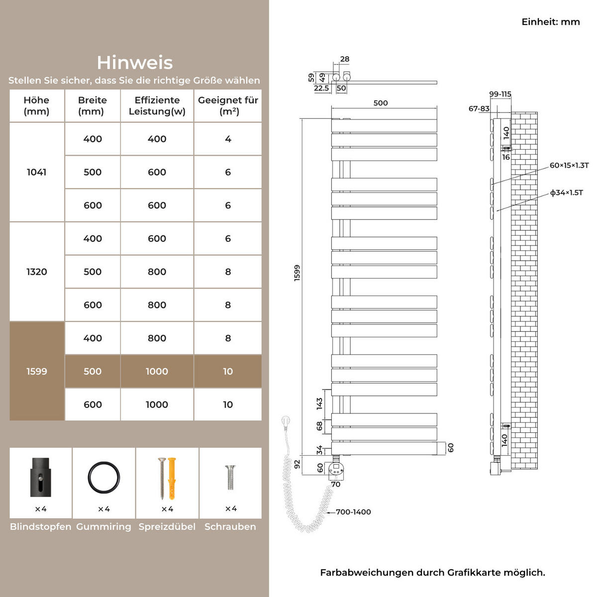 HANDTUCHHEIZKÖRPER 159,9/50 cm anthrazit elektrisch 1000 W mit WLAN-Thermostat - Anthrazit, Metall (50/160/5.9cm) - S'AFIELINA