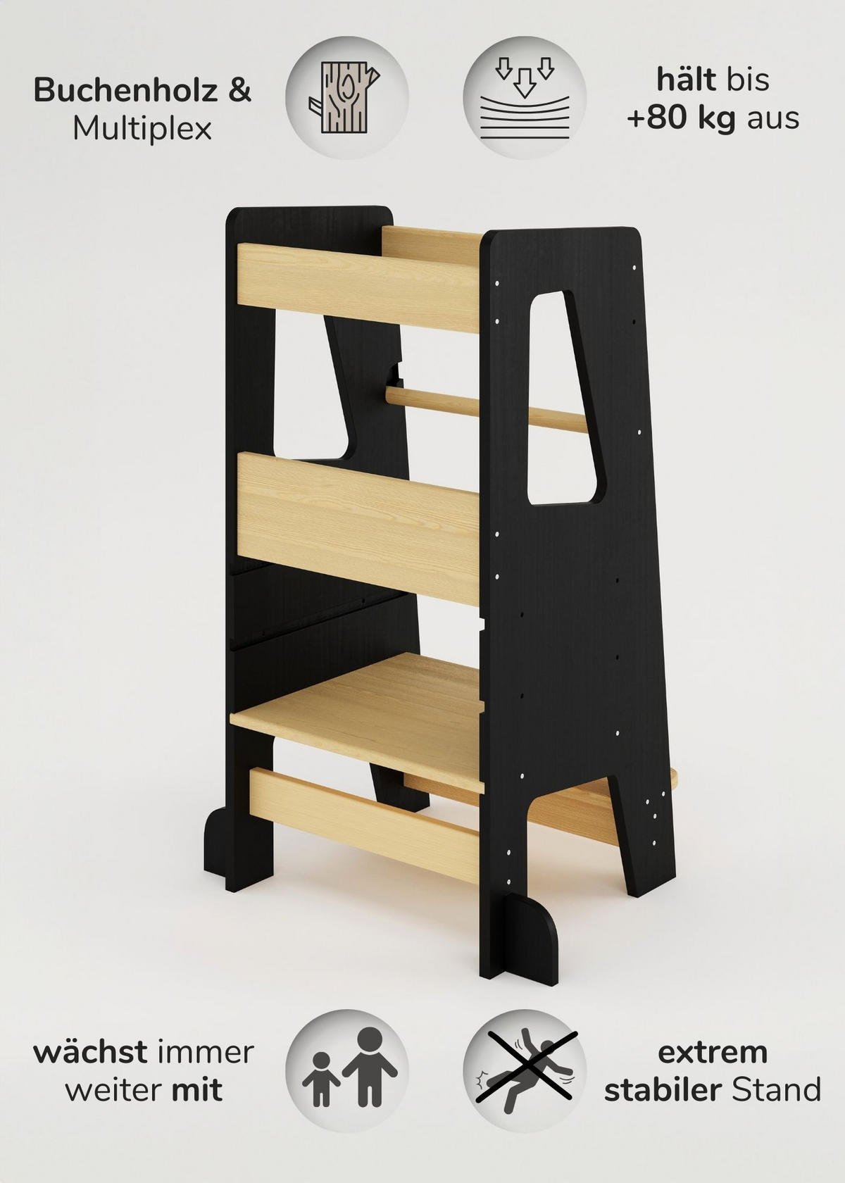 LERNTURM Steppy Höhenverstellbar Montessori Kippschutz schwarz/natur - Schwarz/Naturfarben, Holzwerkstoff (44/90/44cm) - Sämann – make a difference.