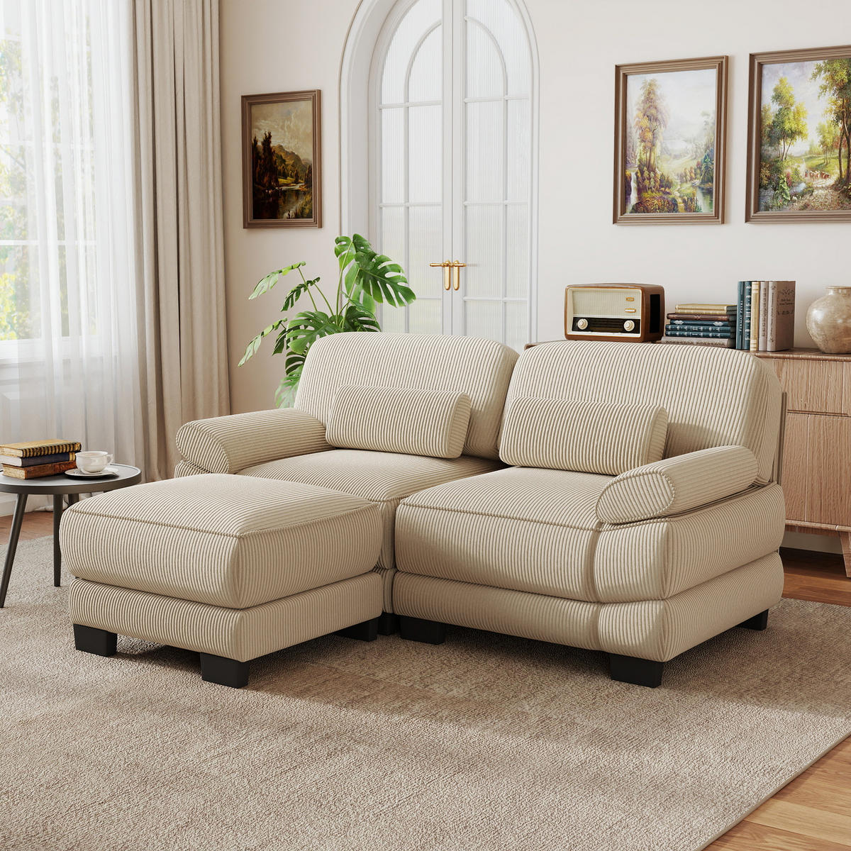ECKSOFA 2-Sitzer L-Form mit Hocker, DE-42659, Beige - Beige, Holz (194/161cm) - ComfortXL