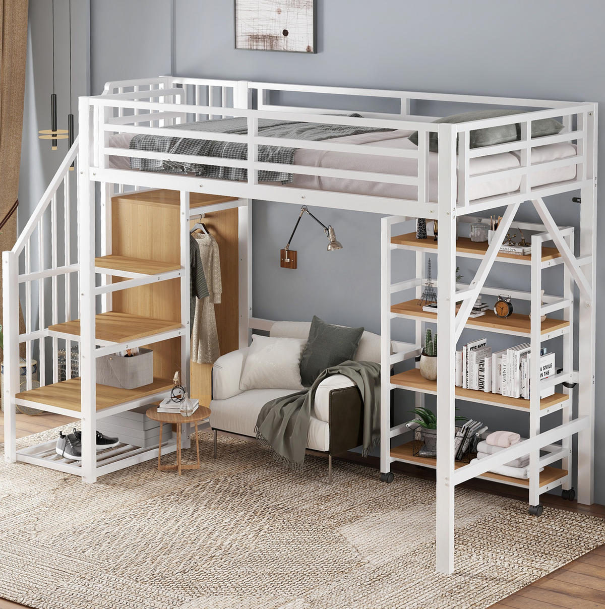 HOCHBETT 90/200 cm in Weiß/Natur – mit Rausfallschutz, Eckleiter und Regal - Weiß, Metall (90/200cm) - BEAOK