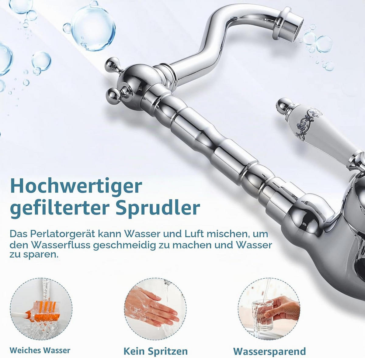 BADEZIMMERARMATUR, blau-weißes Kürbisdesign, mit Zulaufrohr, 31cm hoch, silberfarben. - Silberfarben, Metall (33/15/17cm) - Vallsero
