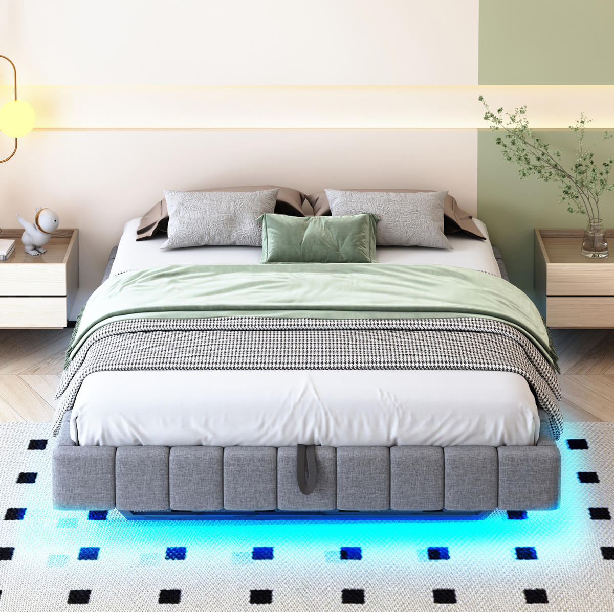 POLSTERBETT 160/200 cm mit LED-Beleuchtung und hydraulischem Bettkasten in schwebender Optik, Grau - Grau, Textil (160/200cm) - Redom