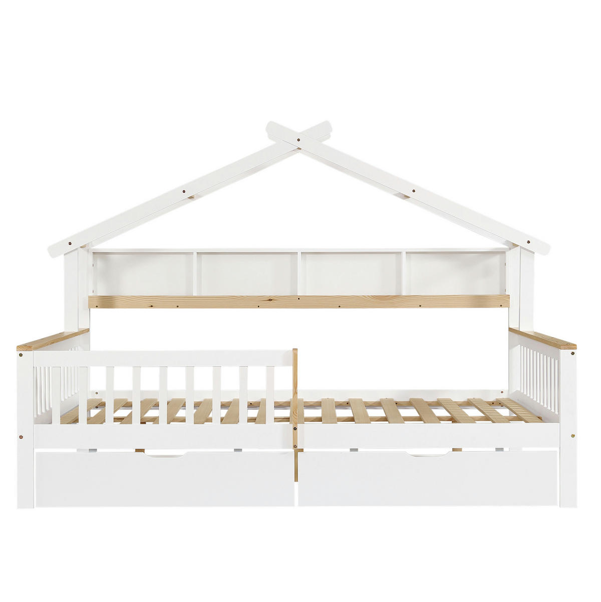 DOMČEKOVÁ posteľ 140/200 cm biela/prírodná s ochrannými zábranami a 2 zásuvkami z borovice a MDF - biela, drevo (140/200cm) - OKWISH