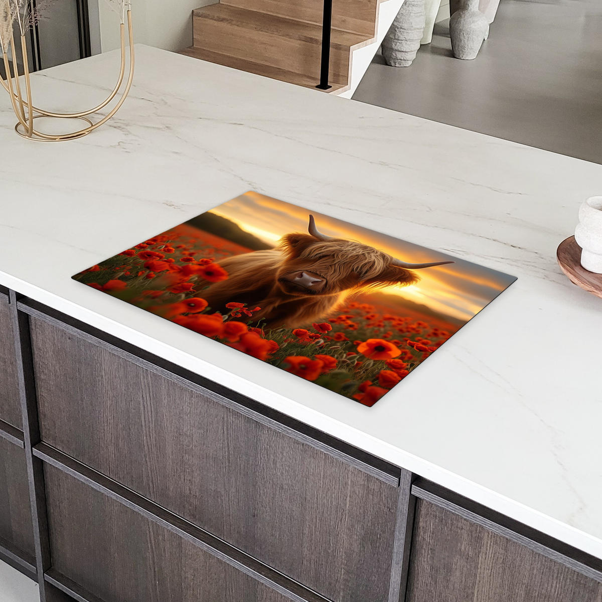 HERDABDECKPLATTE Schottische Highlander - Rosen - Blumenfeld - Sonnenuntergang Herdabdeckung Induktionsfeld 75x52 cm - Rotbraun, Kunststoff (75/52/0.2cm) - MuchoWow