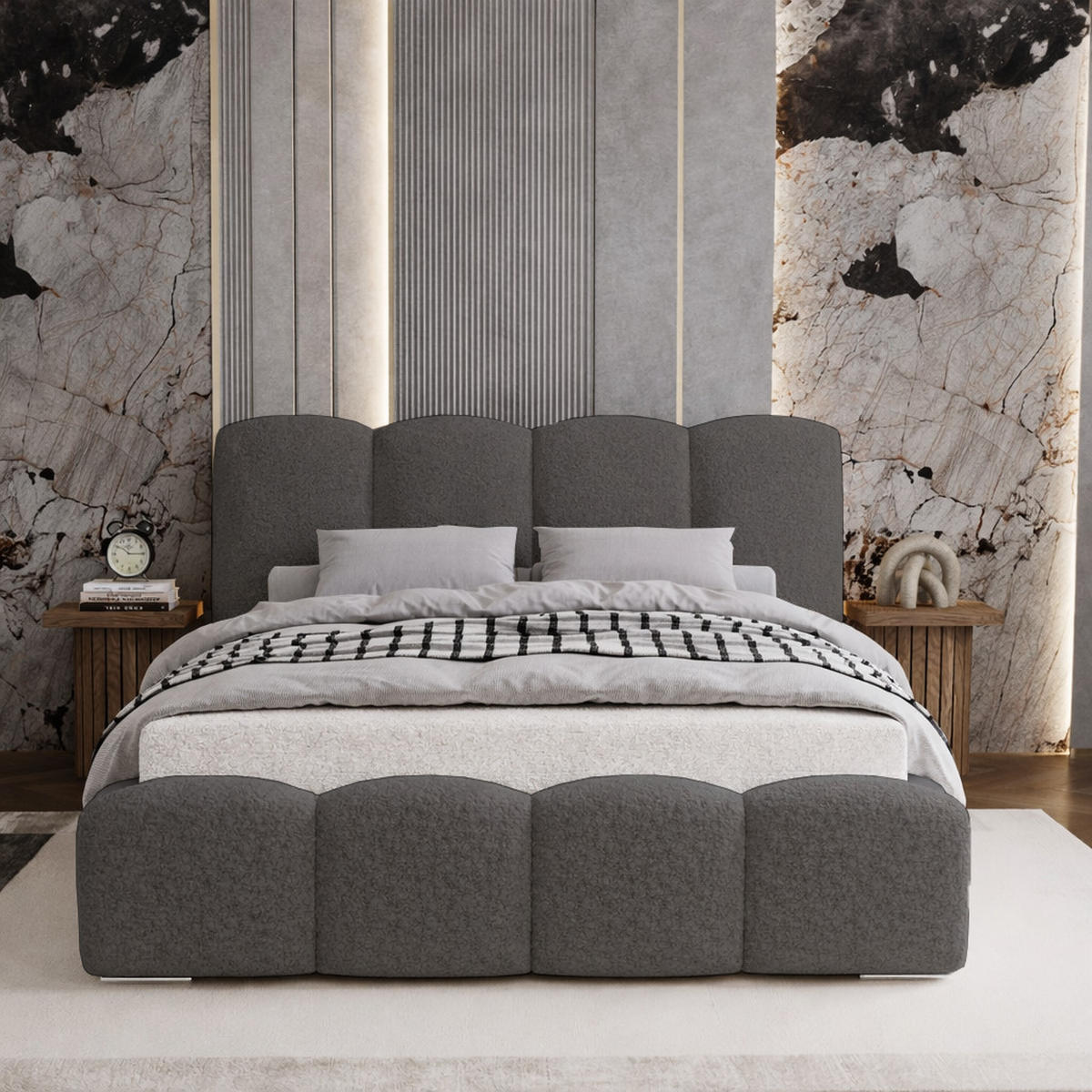 POLSTERBETT 200x200 cm Zenna Boucle mit Bettkasten, Lattenrost, Grau - Grau, Holz/Textil (200/200cm) - Emporius