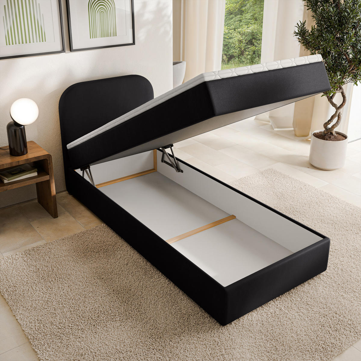 AMERICKÁ POSTEL CERIA 100x200 cm, s matrací a úložným prostorem, KRONOS 07, Schwarz - černá, kompozitní dřevo/textil (100/200cm) - MASSENO