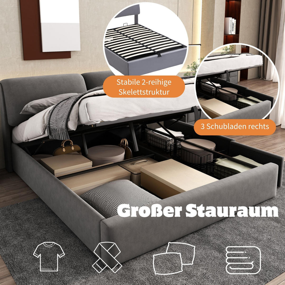 POLSTERBETT 140x200cm Grau Mit Hydraulik & 3 Schubladen - Grau, Textil (140/200cm) - FLIEKS