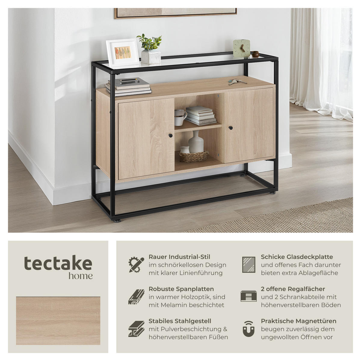 SIDEBOARD Oldham,100 x 38 x 80,5 cm,Industrial Holz hell, Eiche Sonoma - Naturfarben, Holzwerkstoff (38/80.5/100cm) - tectake