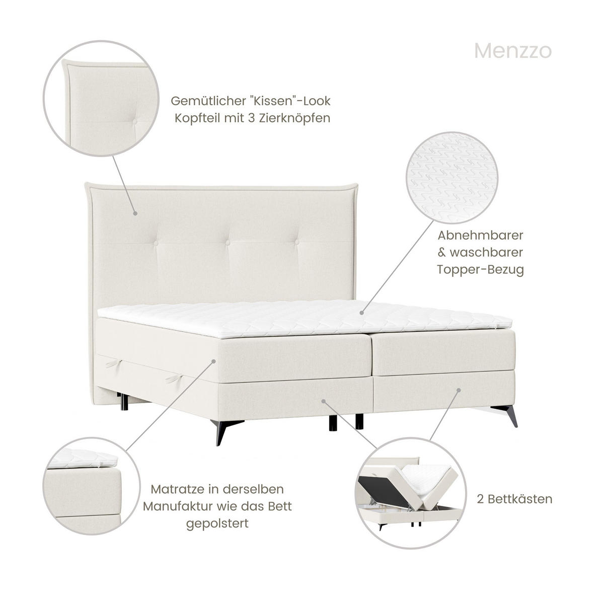 BOXBETT Menzzo Creme 200/200 cm mit Matratze und Topper - Creme/Schwarz, Holz/Holzwerkstoff (200/200cm) - Maison de Reve